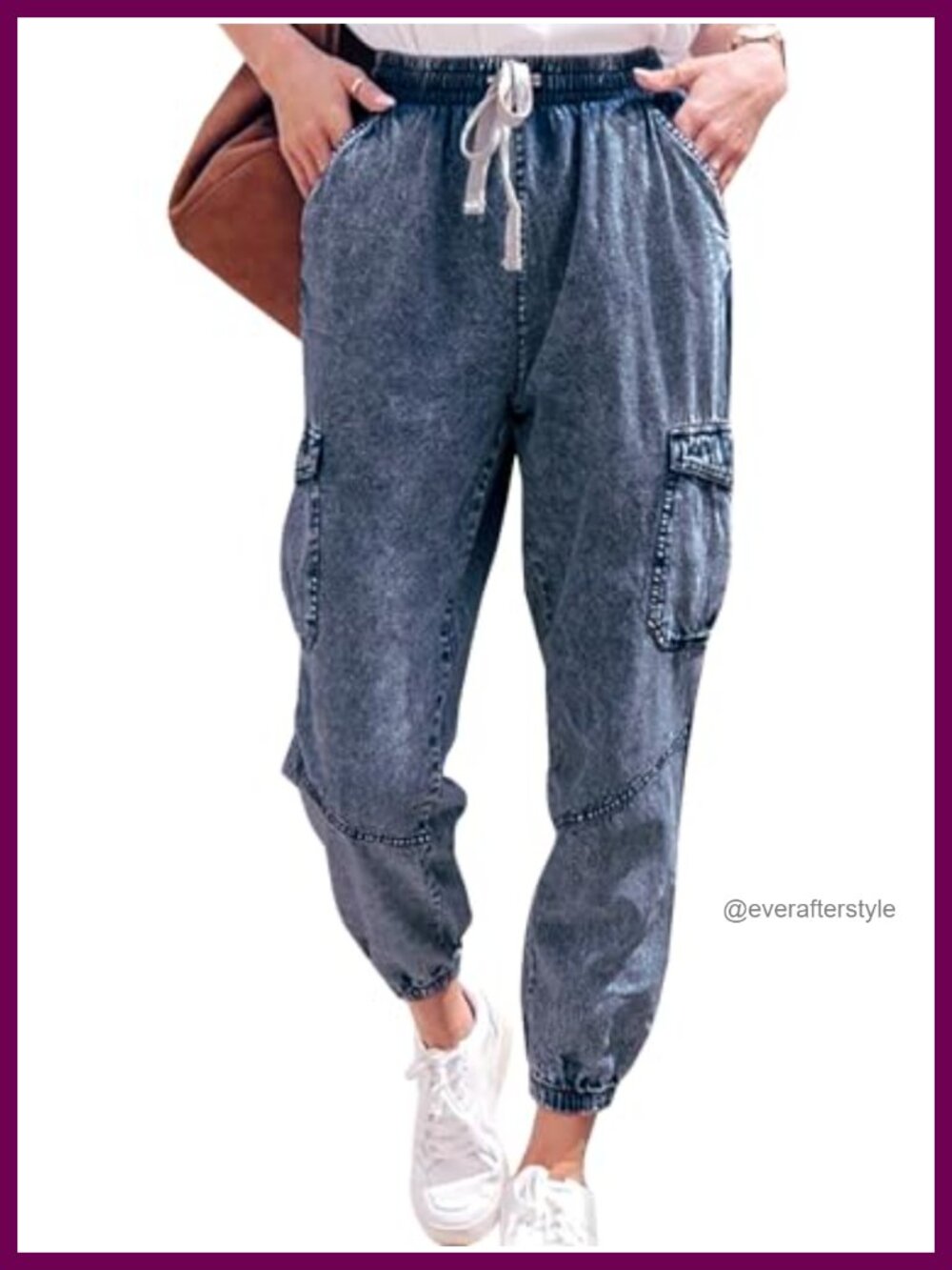 Women's Denim Joggers Elastic Waist Drawstring Cargo Jeans
